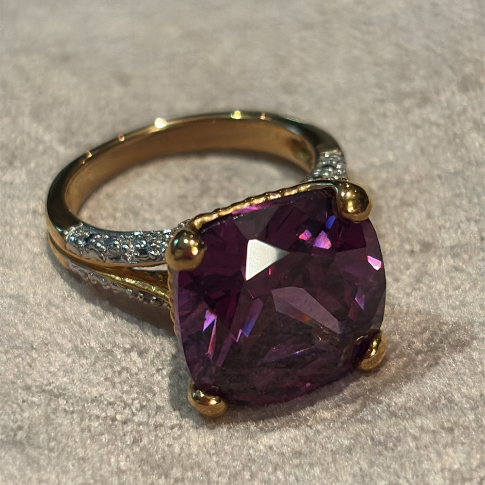 Purple Diamond 925 Vermeil Ring with Genuine Diamond Accented Band size 7.25